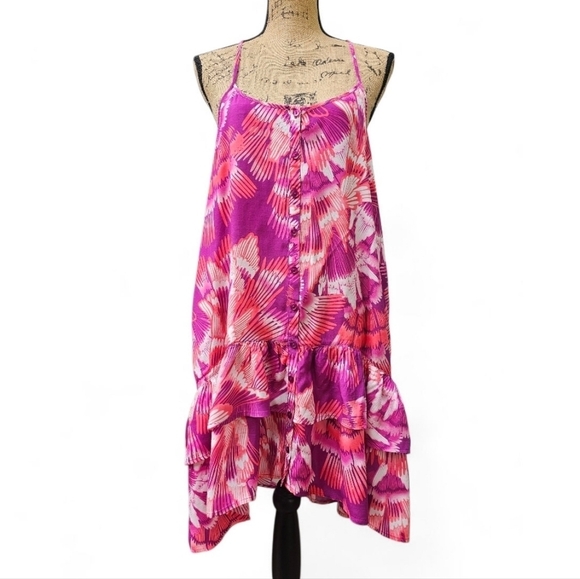 Free People Dresses & Skirts - Free People Vibrant Pink and Purple High Low Dress In Peacock Print, Size S